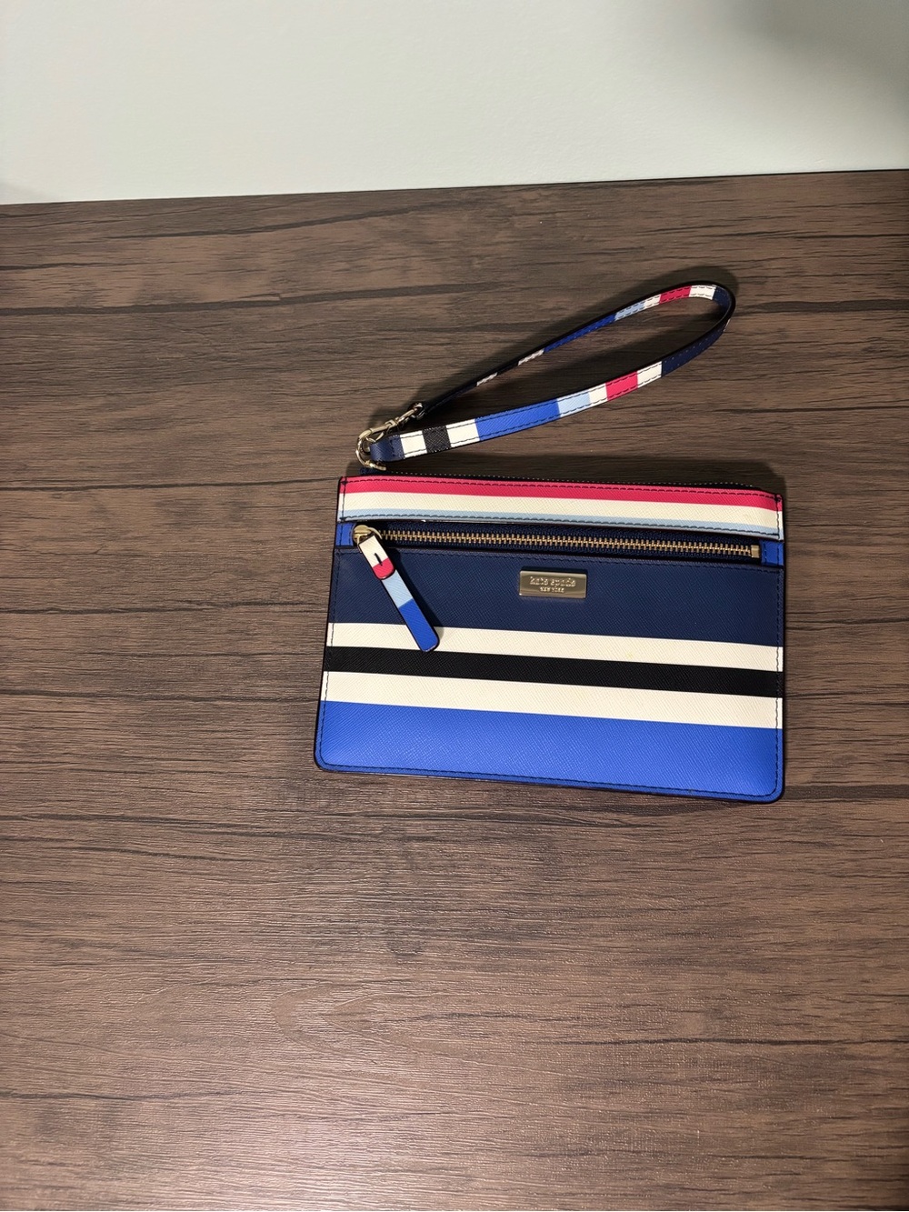 kate spade Blue, White & Black Striped Wristlet with Pink Accent